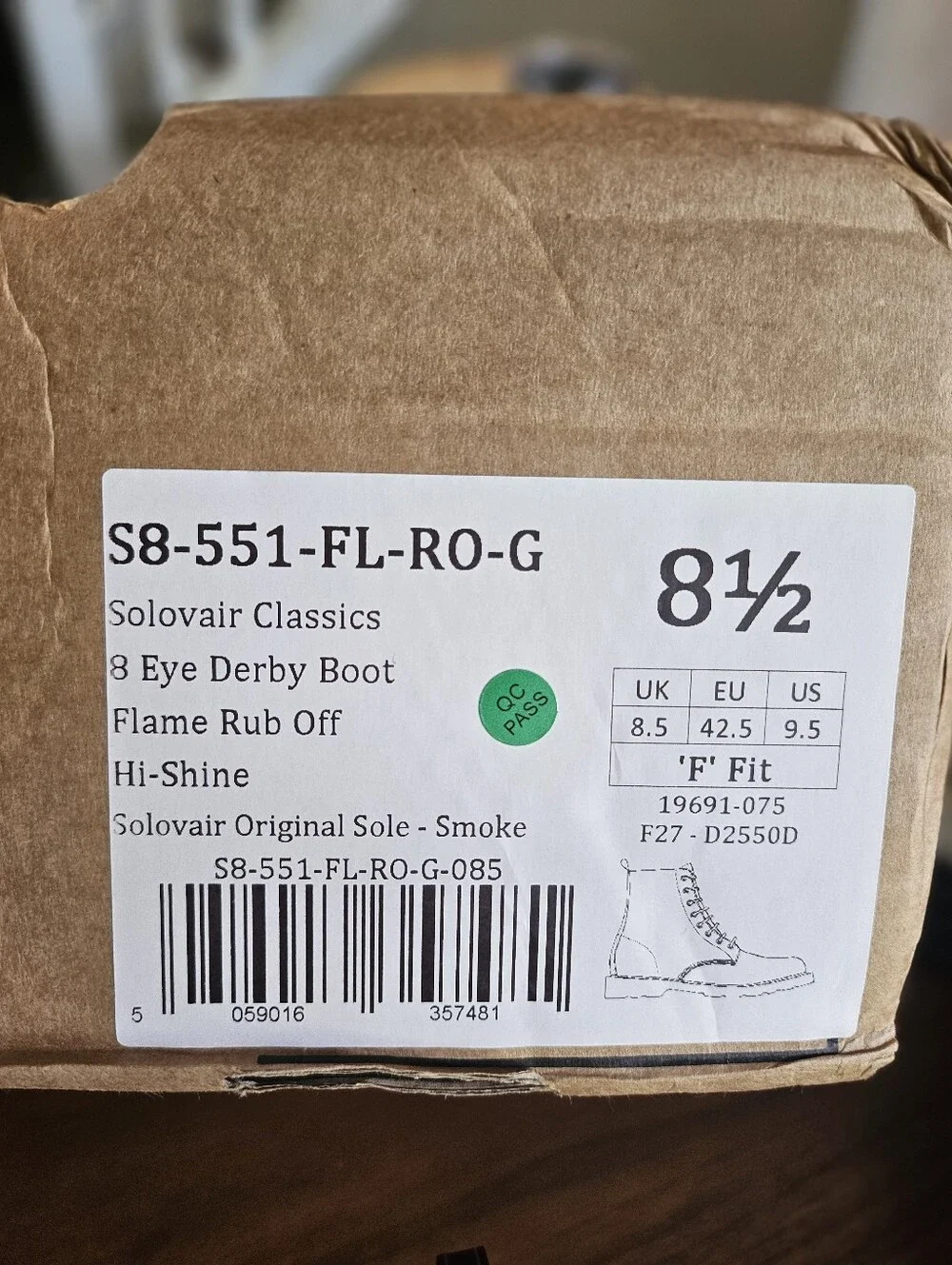 New In Box Solivair England Derby Boot Smoke Rub Off Flame High Shine 9.5 F Fit